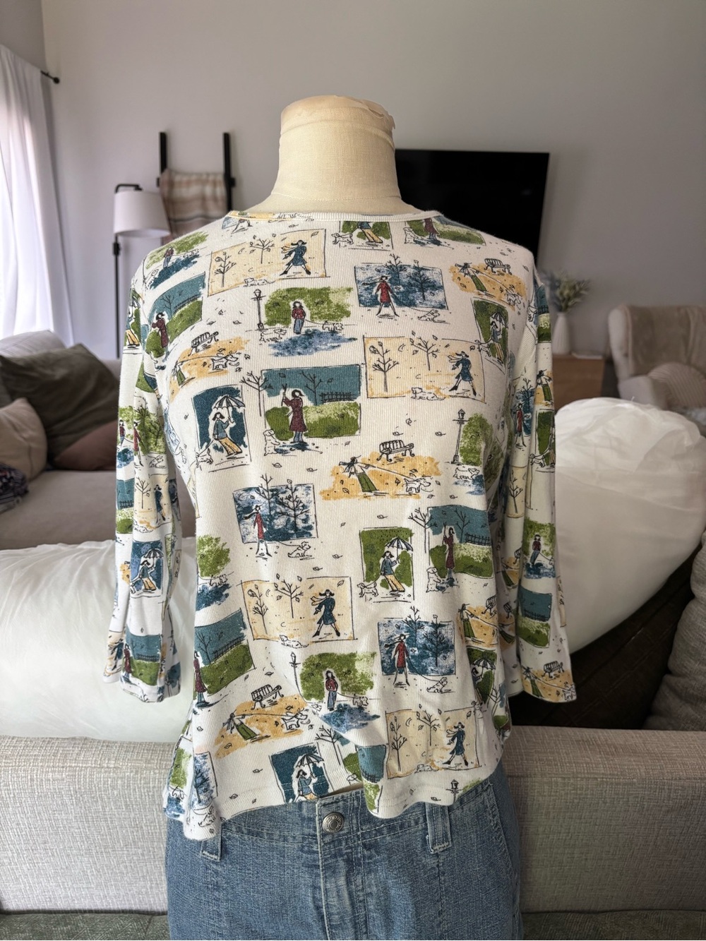 Christopher & Banks Cream Scenic Print Long Sleeve Top